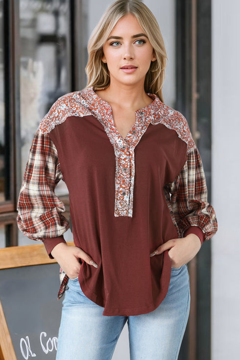 Floral Plaid Mixed Print Bishop Sleeve Patchwork Top
